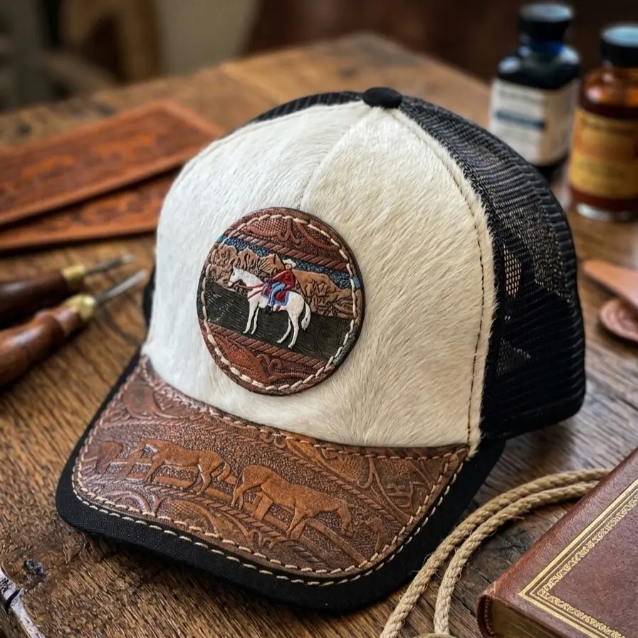 Handmade | Hand Tooled | 100% Genuine Colombian Cowhide Leather Trucker Style Hat