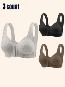 Women's Seamless Underwire-Free Basic Underwear Bra Set, Full Coverage Medium Support, Fixed Wide Straps, Plain Ribbed Fabric, Ideal for Daily Wear