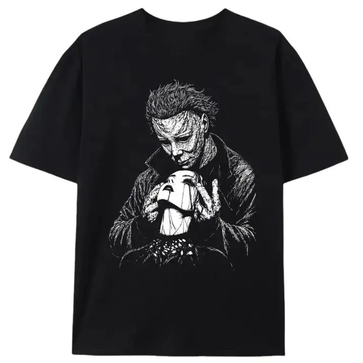 Valloween Goth Valentine Michael Myers Oversized Cotton T‑Shirt, Unisex Crew Neck Short Sleeve Graphic Tee, Spooky Valentine Horror Casual Daily Top for Men Women
