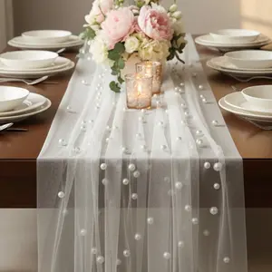 2PCS Pearl Sheer Tulle Fabric , 30*119 Inch ,Elegant White Wedding Backdrop Drapes for Ceremony Arch, Bridal Bouquet Wrap, Table Runner & Holiday Party Decorations