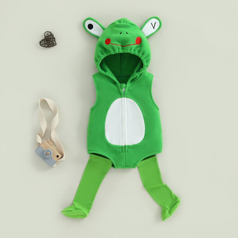 Newborn Baby Boy Girl Halloween Costume Frog Costume Sleeveless Hood Zipper Romper and Solid Socks Baby Halloween Outfit