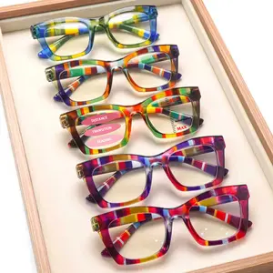 5pcs Rainbow-Striped Gradient Multifocal Blue Light Blocking Reading Glasses For Women Stylish Retro Striped Rectangular Design A Fashion Accessory That Exudes Charm Spring Hinge Design Perfect For Daily Wear, Outings, And Work The Ideal Holiday Gift