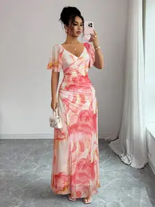 Light Pink Summer Elegant Wedding Ninang Floral Print Mesh Maxi Dress,Ruffled V-Neck Cinched Waist Slit Layered Vacation Sunset Date Dress