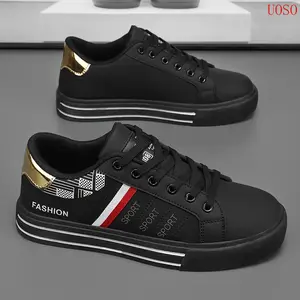 UOSO Men's Casual All-Match Black Sneakers with Golden Accents - Retro Sporty Lace-Up Shoes, Durable PU Upper & EVA Insole, Perfect for Casual Attire & Athletic Activities