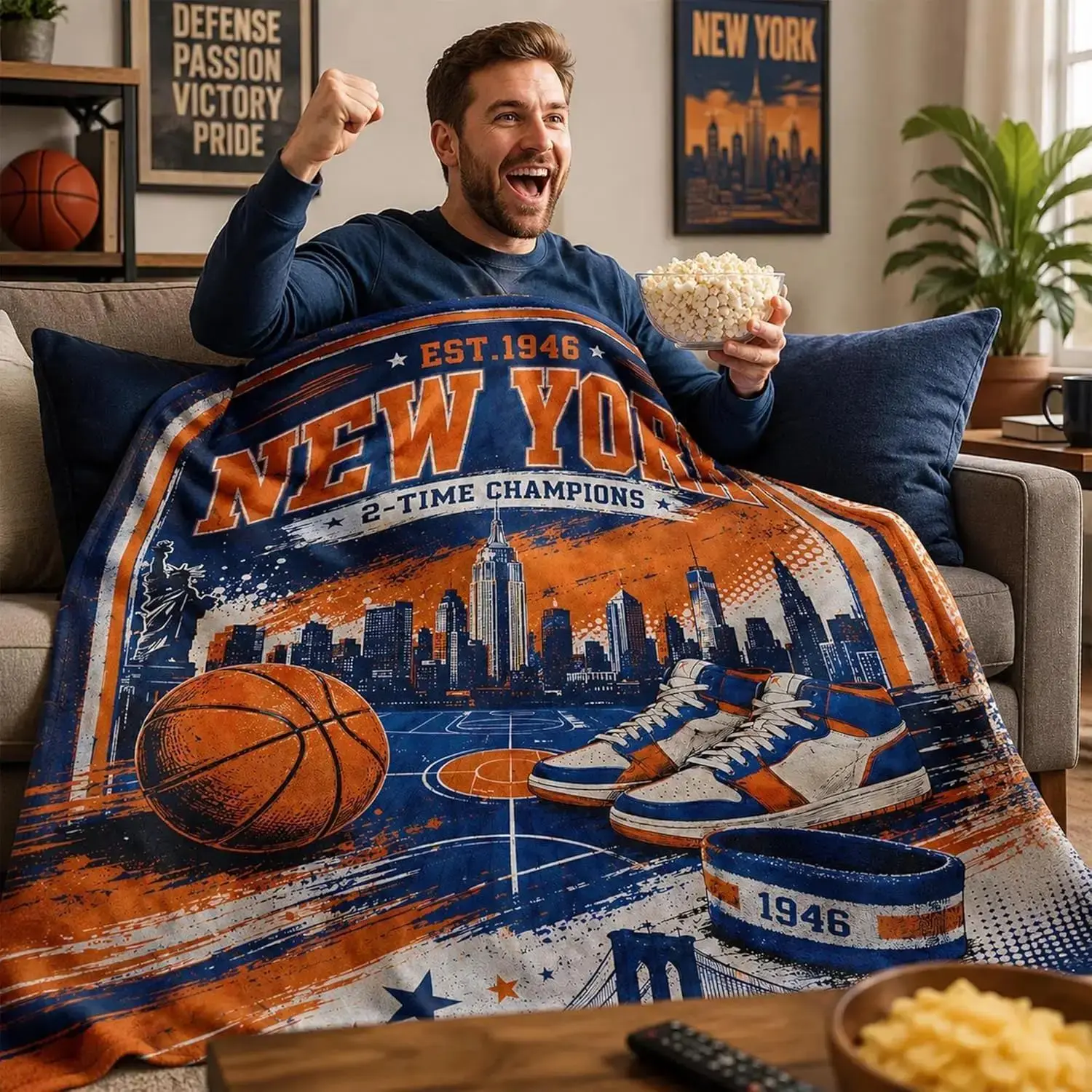 Vintage New York Blankets EST.1946 basketball city skyline flannel throw blanket, retro soft fleece blanket, classic orange and blue sports man cave decor blanket, perfect gift for New York fans & basketball lovers