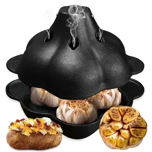Cast Iron Garlic Roaster,Heavy Duty Garlic Cooker & Potato Baker,Multi-Use Cast Iron Roasting Pot for Kitchen Oven,Camping,BBQ,Grill & Stovetop,Indoor & Outdoor Use