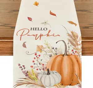 Hello Pumpkin  Leaves Thanksgiving Table Runner, Seasonal Fall Harvest  Kitchen Dining Table Decoration for Indoor Outdoor Home Party Decor 13 x 36 Inch