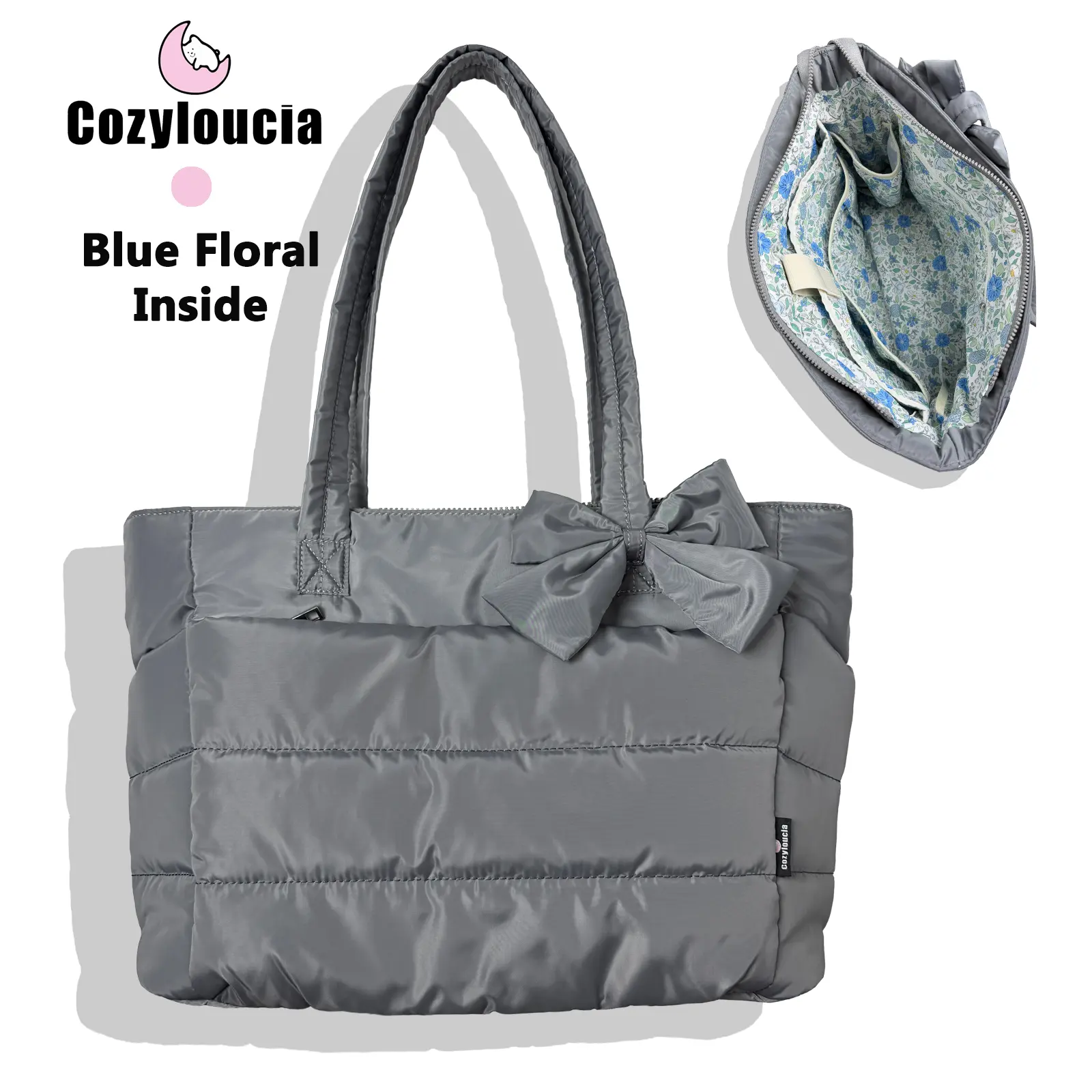 Grey - Blue Floral -Bow