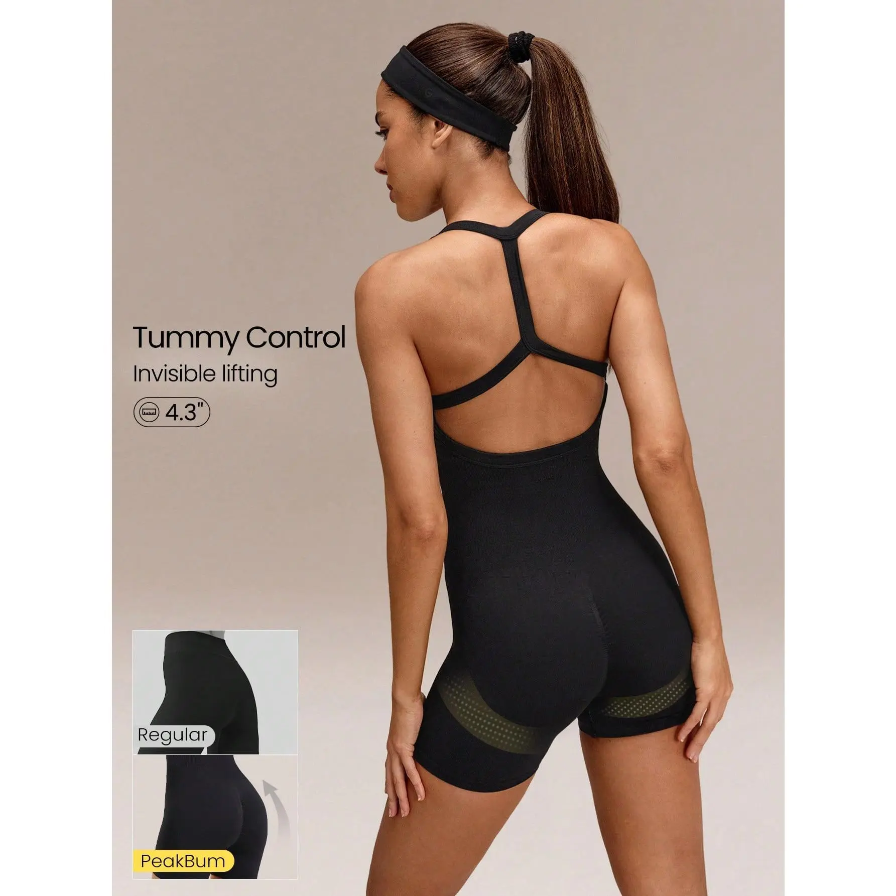 GLOWMODE 4.3" Ultrafine Soft Seamless Flow Free Ribbed Waist Compression Panels Removable Cups Scrunch Butt Lift Racerback Short Bodysuit Training Running Gym Yoga Pilates Studio Daily Active Wear