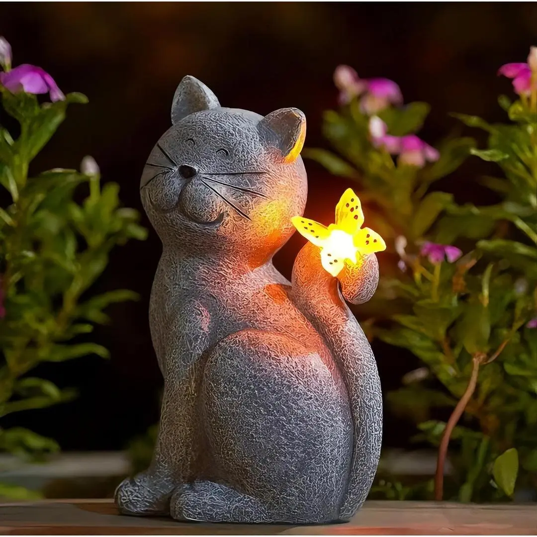 Solar Cat Outdoor Statue for Garden with Butterfly IP65 Waterproof Automatic Illumination Evening Glow Decoration