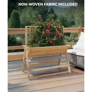 Mobile Raised Garden Bed with Trellis & Storage Shelf – Wooden Planter Box with Legs, Lockable Wheels, Drainage Holes, Protective Liner, Natural