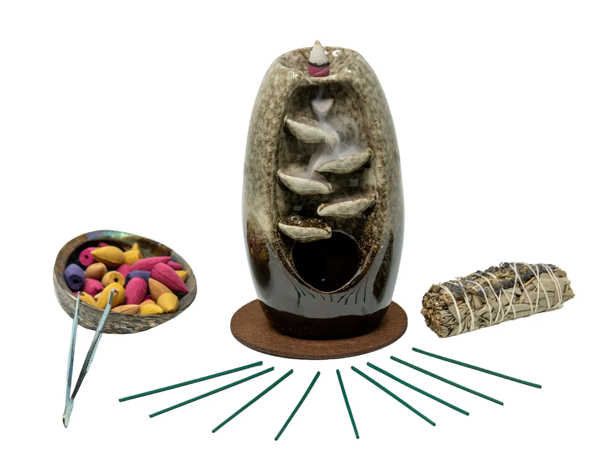 Tan Ceramic Backflow Incense Waterfall Burner with Mixed Incense Cones | Gift | Home Decor | Aromatherapy| FREE Organic Sage with Order Scented Scent Perfume Freshener