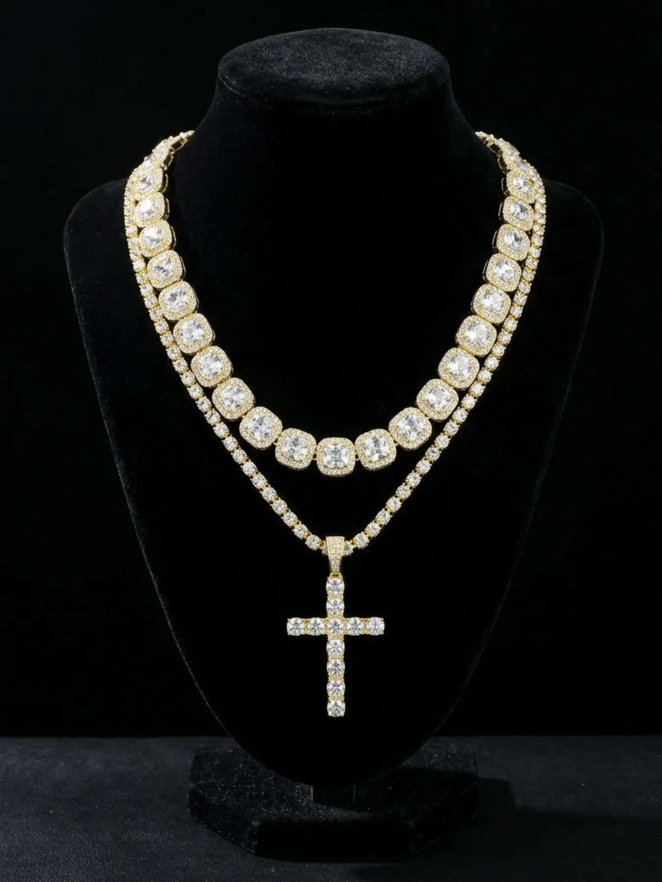 Cross pendant with square diamond Cuban link chain set, Bling necklace, Fashion pendant necklace, moissanite European and American hip-hop style necklace pendant, ice diamond tennis festival necklace jewelry set