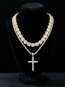 Fashionable and simple cross pendant with square diamond Cuban chain set, moissanite European and American hip-hop style necklace pendant, gold and silver chain necklace, ice diamond tennis festival necklace jewelry set