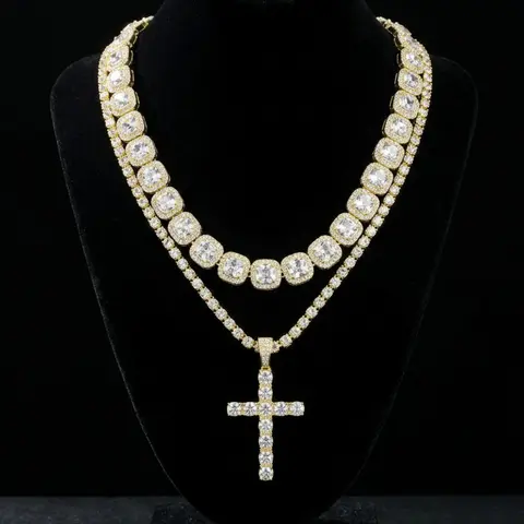 Cross pendant with square diamond Cuban link chain set, Bling necklace, Cross design necklace, moissanite European and American hip-hop style necklace pendant, ice diamond tennis festival necklace jewelry set