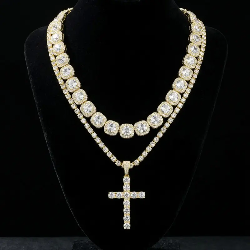 Cross pendant with square diamond Cuban link chain set, Bling necklace, Cross design necklace, moissanite European and American hip-hop style necklace pendant, ice diamond tennis festival necklace jewelry set