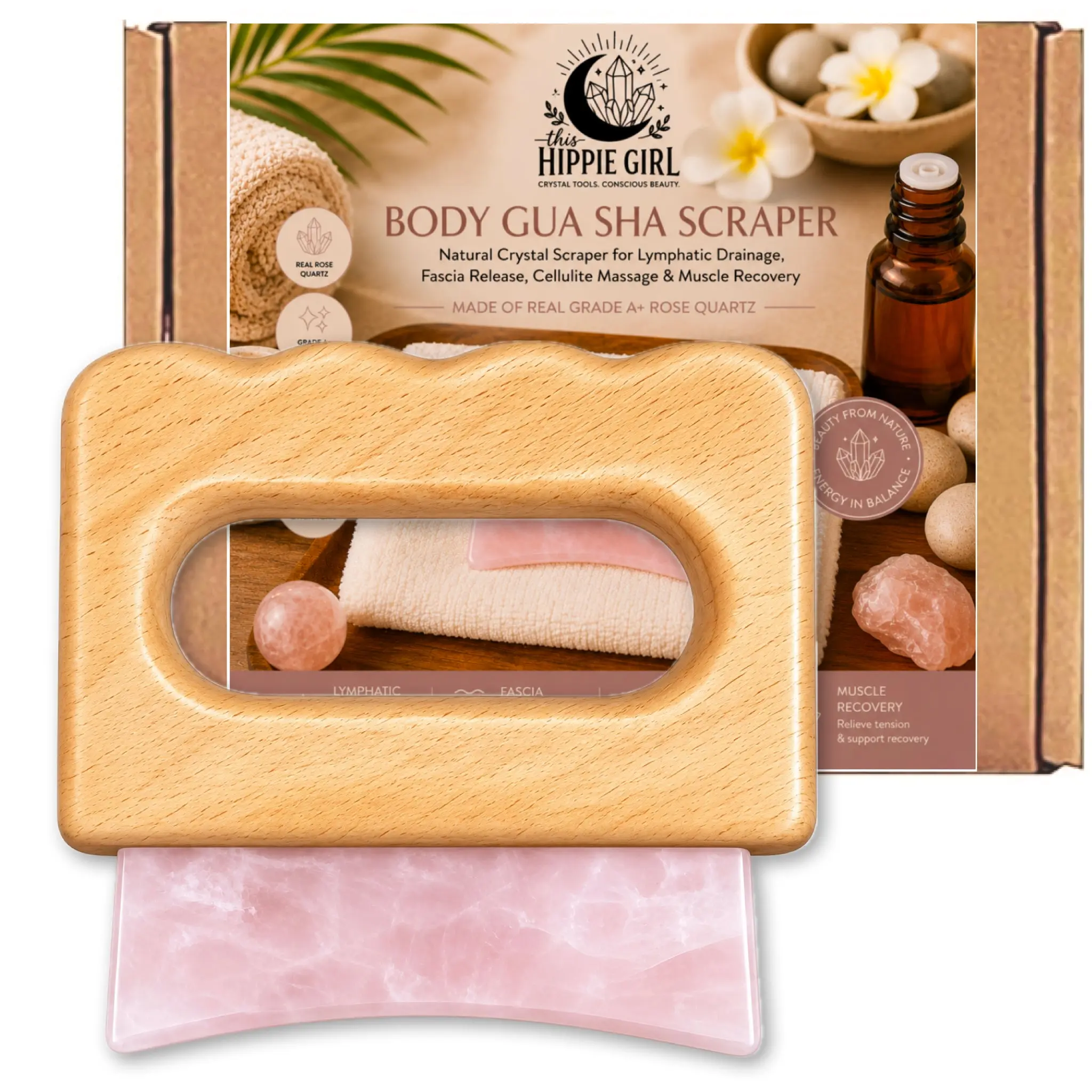 Rose Quartz Body Gua Sha Tool, Natural Crystal Manual Massage Tool for Body Care, Lymphatic Drainage, Daily Self-Care Gift for Her
