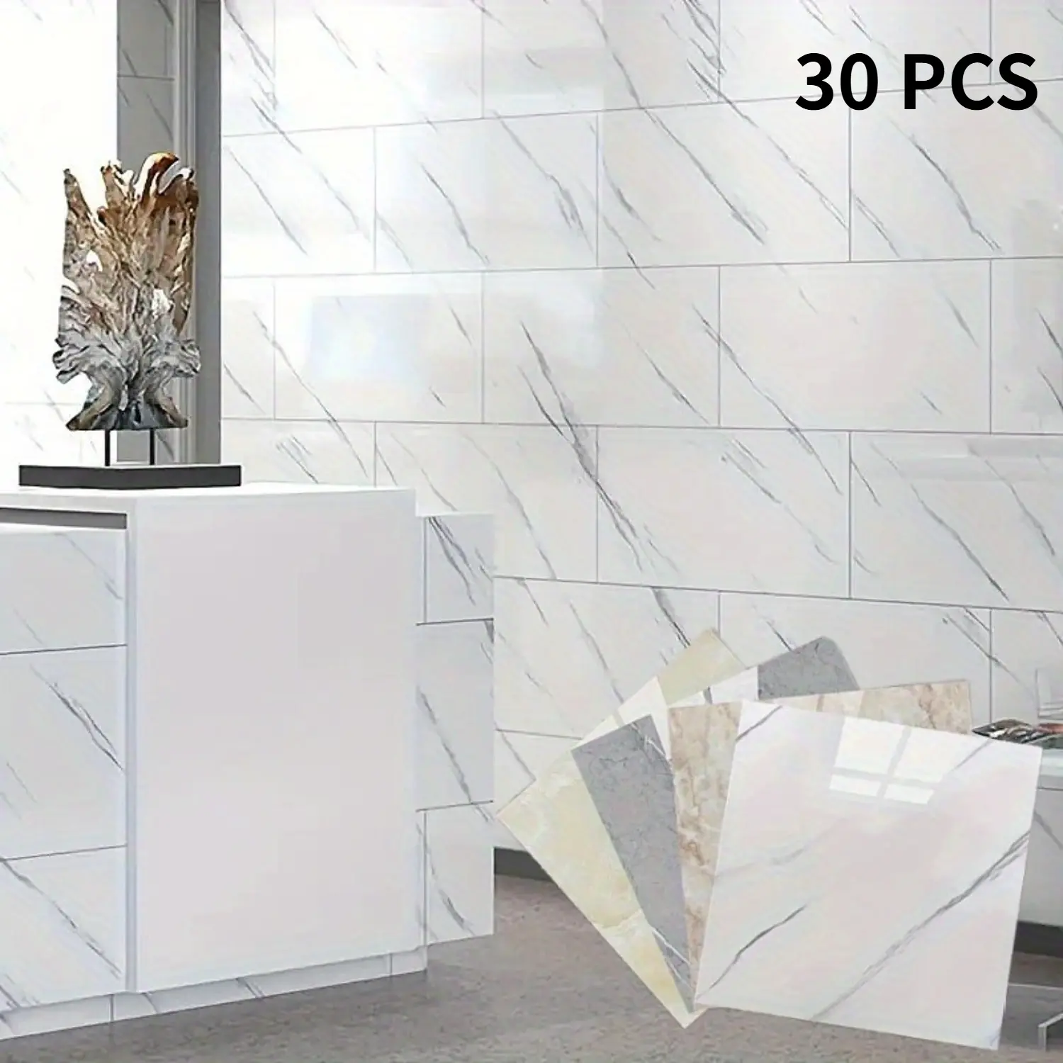 30 Pcs Glossy Auto-Adhesive Stick-On Wallpaper - Faux Stone Broken Tile Marble White Removable Renter-Friendly Contact Paper for Kitchen Countertops, Bathroom (Home Improvement Building Supplies, Indoor Use)