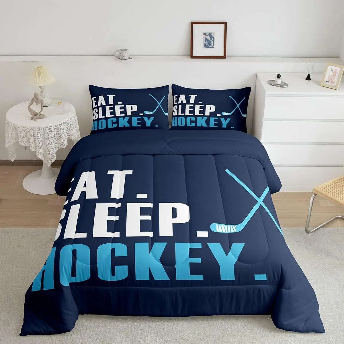 Luxury Geometric Hockey Sports Theme Quilted Duvet Set - Comfy Bedding Set, Breathable Blue Microfiber, Lightweight Comforter, All Seasons, Multi-Size, Machine Washable for Kids’ Rooms Hockey Events, Set Includes