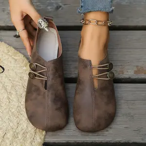 Women's Fashionable Solid Color Button Decorated Flat Shoes Casual Comfortable Round Toe Lightweight Breathable All Seasons Brown Footwear