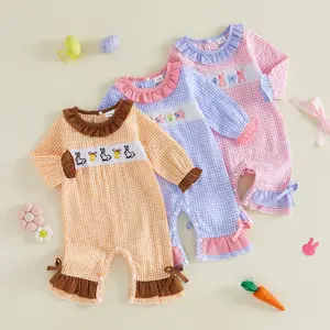 Infant Baby Girls Easter Jumpsuit Long Sleeve Plaid Embroidery Rabbit Romper Easter Newborn Clothes 0-18 Months