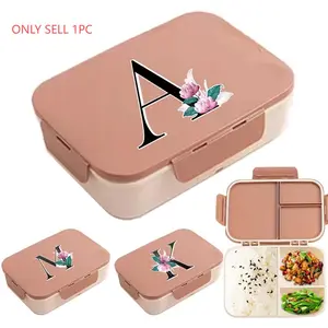 Letter & Flower Pattern Durable Lunch Box with Cutlery, 1 Count Large Capacity Portable Bento Box, Food Storage Container for School Work Outdoor Camping