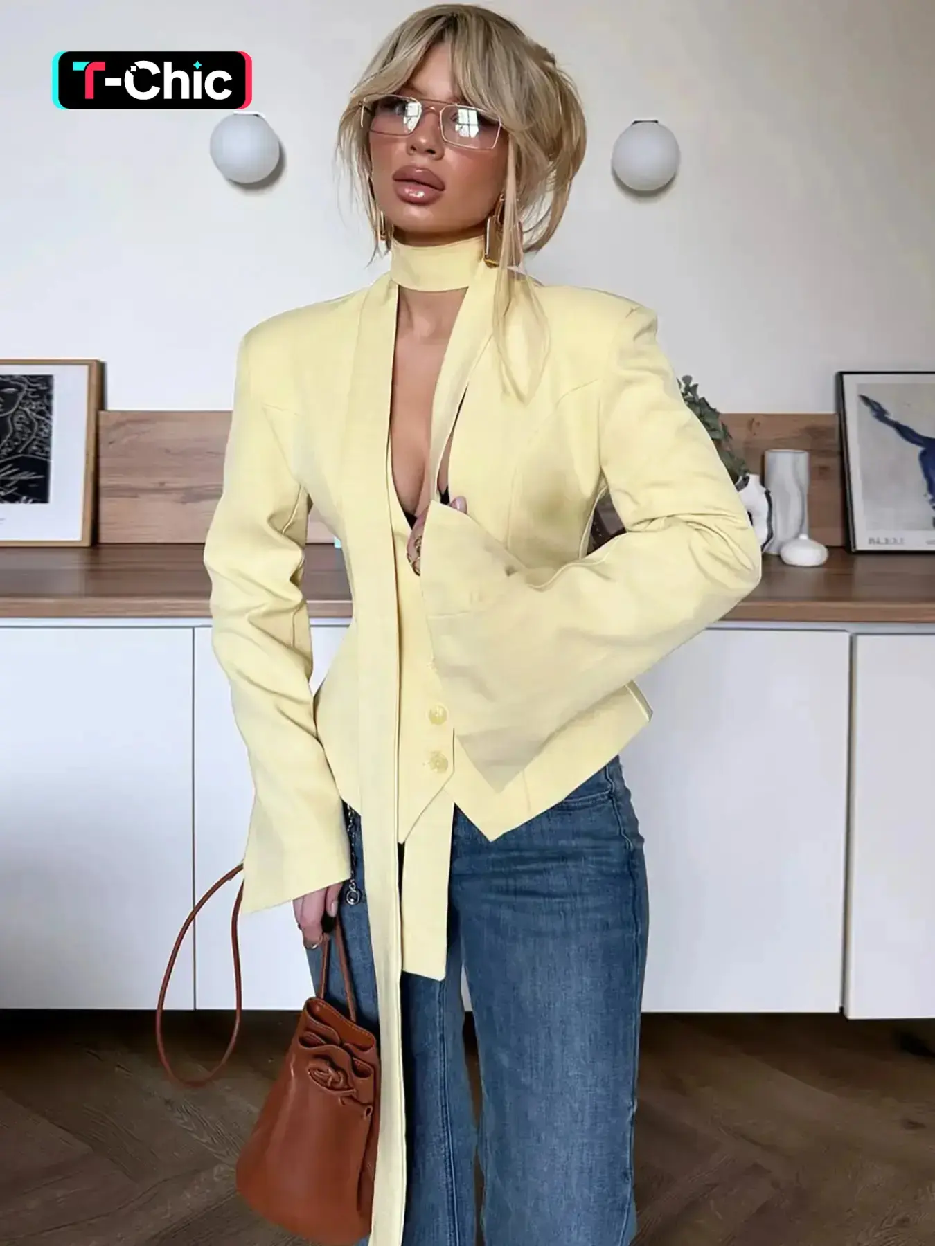 Women's Elegant Chic Solid V Neck Button Front Split Long Sleeve Blazer Suit Top & Halter Scarf Ribbon Two-piece Set, Slim Fit, Fitted, Irregular Hem Single-button Jacket Coat, Ladies Spring Fall Winter Party Club Date Holiday Daily Casual Outerwear
