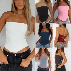 Women's Vintage Strapless Lace Up Open Back Boned Bustier Corset Bodyshaper Crop Tops Overbust Corset Bustier Halloween Costume Going Out Bandeau Tank Tops