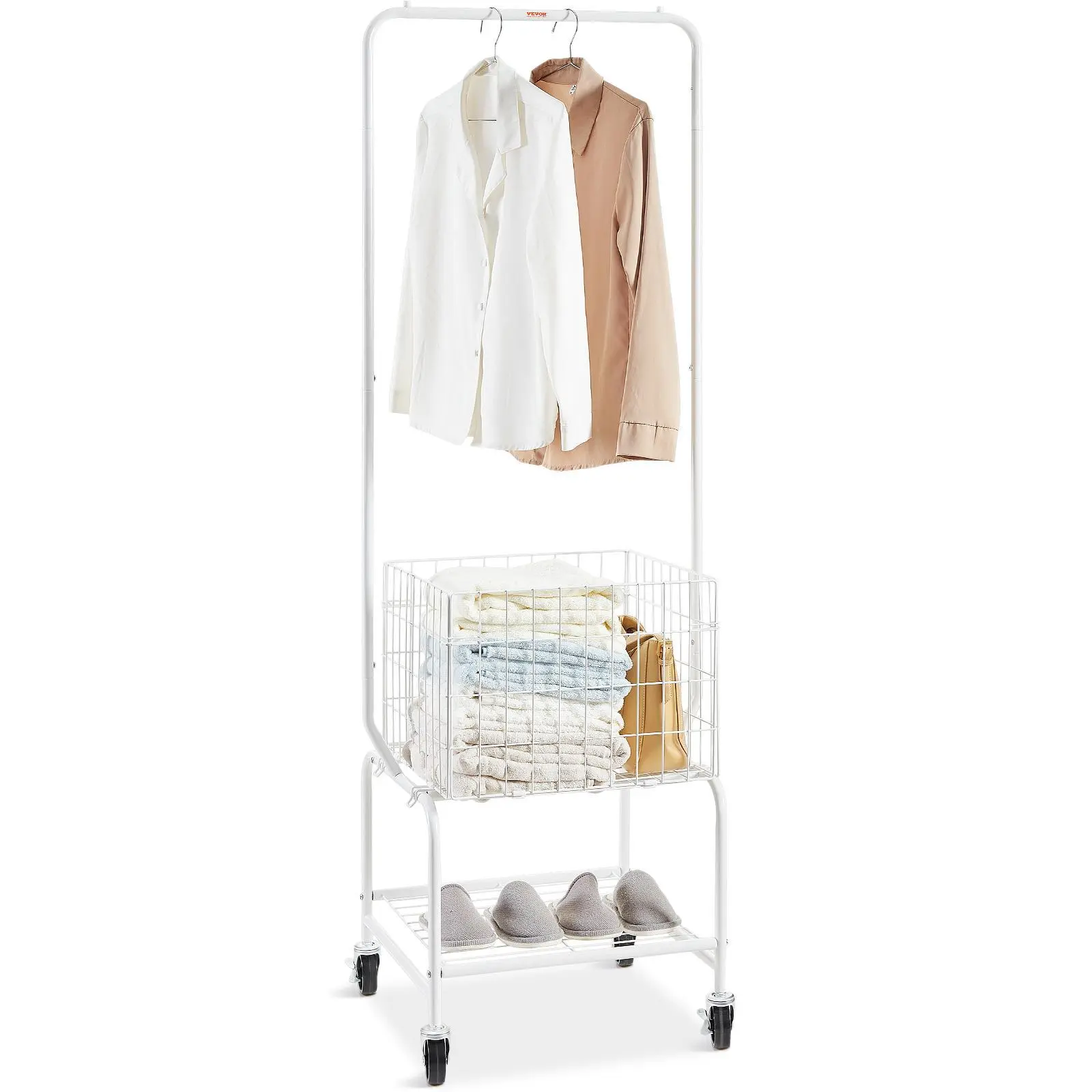 【summerfinds】VEVOR Portable Wheeled Metal Rolling Laundry Basket Sorter with Hanging Garment Rack, Height-Adjustable Hanger, Heavy-Duty Lockable Wheels, Load-Bearing Basket, Shelf &  Home Storage Organizer, Wheeled Laundry Basket