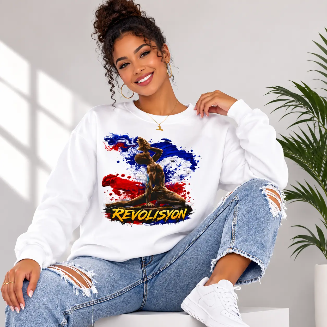 Revolisyon graphic crewneck | Vintage wolf, red and blue paint splatter