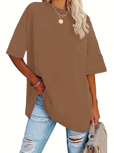 Plus Size Solid Color T Shirt Women Soft Cotton Like Fabric Loose Stretch Casual Tee 0XL-5XL Hide Belly Summer Top