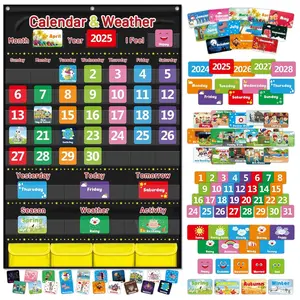 Learning Calendar & Weather Pocket Chart, Large Size 44.5 X 28 Inches, Home Education Wall Planner, Includes 113 Cards, Homeschool Planner, Weekly Planner