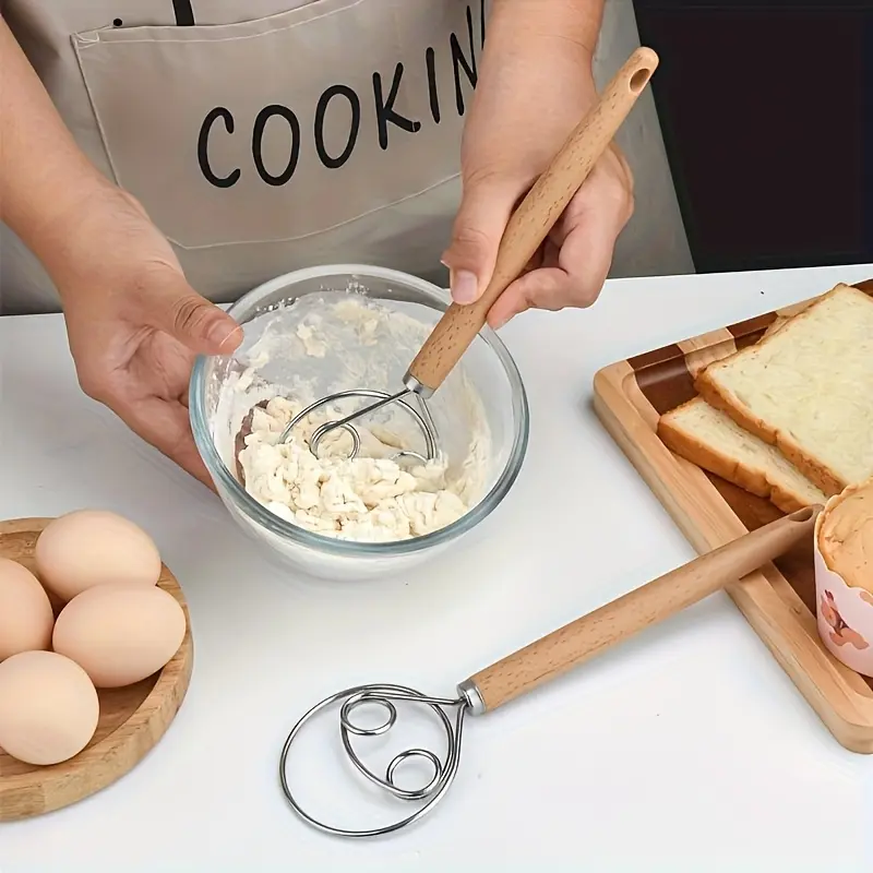 Stainless Steel Manual Dough Mixer, Handheld Flour Beater with Wooden Handle, Non-Stick Baking Tool, Bakeware, Baking Supplies, Egg Whisk, Kitchen Gadget for Bread Making
