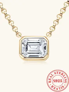 1ct emerald cut moissanite pendant necklace, S925 silver minimalist inlaid necklace, sparkling everyday jewelry