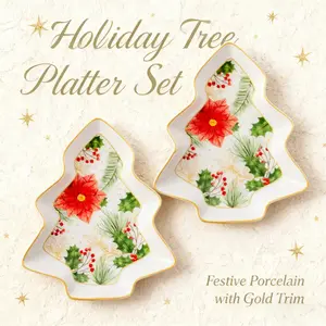 6 Inch  Fine Earthenware Festive Christmas Tree Shape Party Plates, Holiday Serving Tray Serving Platter at Holiday Hosting for Snack Desserts Appetizers Cookies and Candy, Small Ceramic Dish, Set of 2, Christmas Flower Holly Red Berries Dishwasher Safe