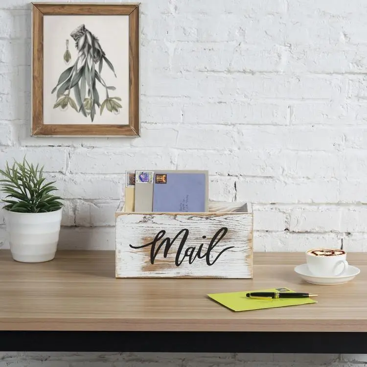 Whitewashed Wood Tabletop Mail Holder Box