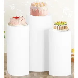 White Cylinder Cover Set of 3 Cylinder Pedestal Cover Spandex Cylinder Plinth Stand Cover Round Pillar Cover Stretchable Cylinder Display Stand Cover for Wedding Birthday Party Supplies