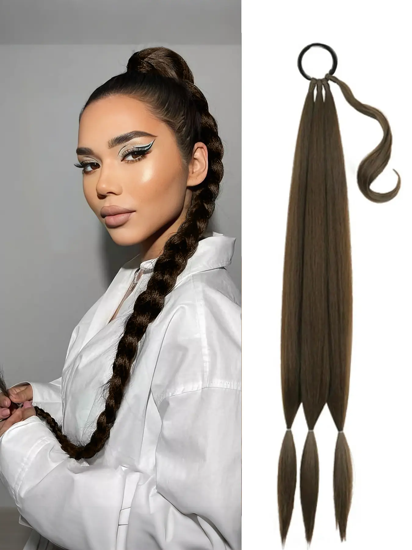Long Braid Ponytail Extension with Hair Tie Straight Sleek Wrap Around Braid Ponytail Natural Soft Synthetic Hairpiece Brown Black 32 Inch