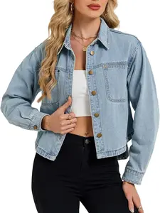 Denim Jacket Women Long Sleeve Cropped Jean Shirt Jackets Lightweight Button Down Casual Shacket Shirts with Pockets