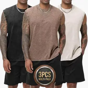Men’s 100% cotton sleeveless muscle tank top three piece set: vintage acid wash, cut and tear design, loose fit sports T shirt; unisex running tops; cotton fitness tank top; sleeveless acid wash T shirt; cut and tear muscle top; spring beige casual style