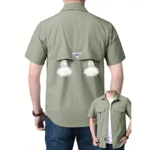 Men'S Quick-Dry Short-Sleeve Shirt with Ice Cooling Pockets, Breathable Nylon & Spandex Blend, Casual Lapel Collar, Solid Color, Woven Fabric, Regular Fit for Hiking & Daily Wear - Summer 2024 Collection