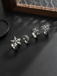 Trendy Men's Silver Color Punk Style Ring Set, Cross Star Textured Design, Vintage Dark Style Daily Wear Jewelry Collection