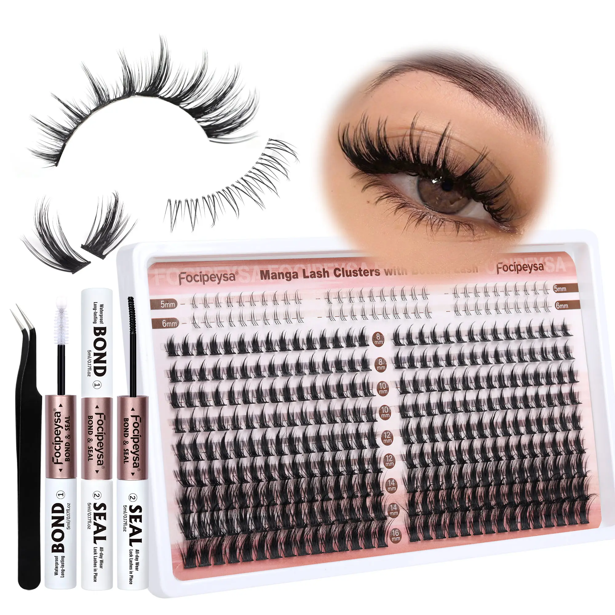 Focipeysa Manga Lash Clusters 8-16mm Lash Extension Natural Wispy Eyelash Clusters with Bottom Lashes DIY Eyelash Extension Kit with Lash Bond and Sea