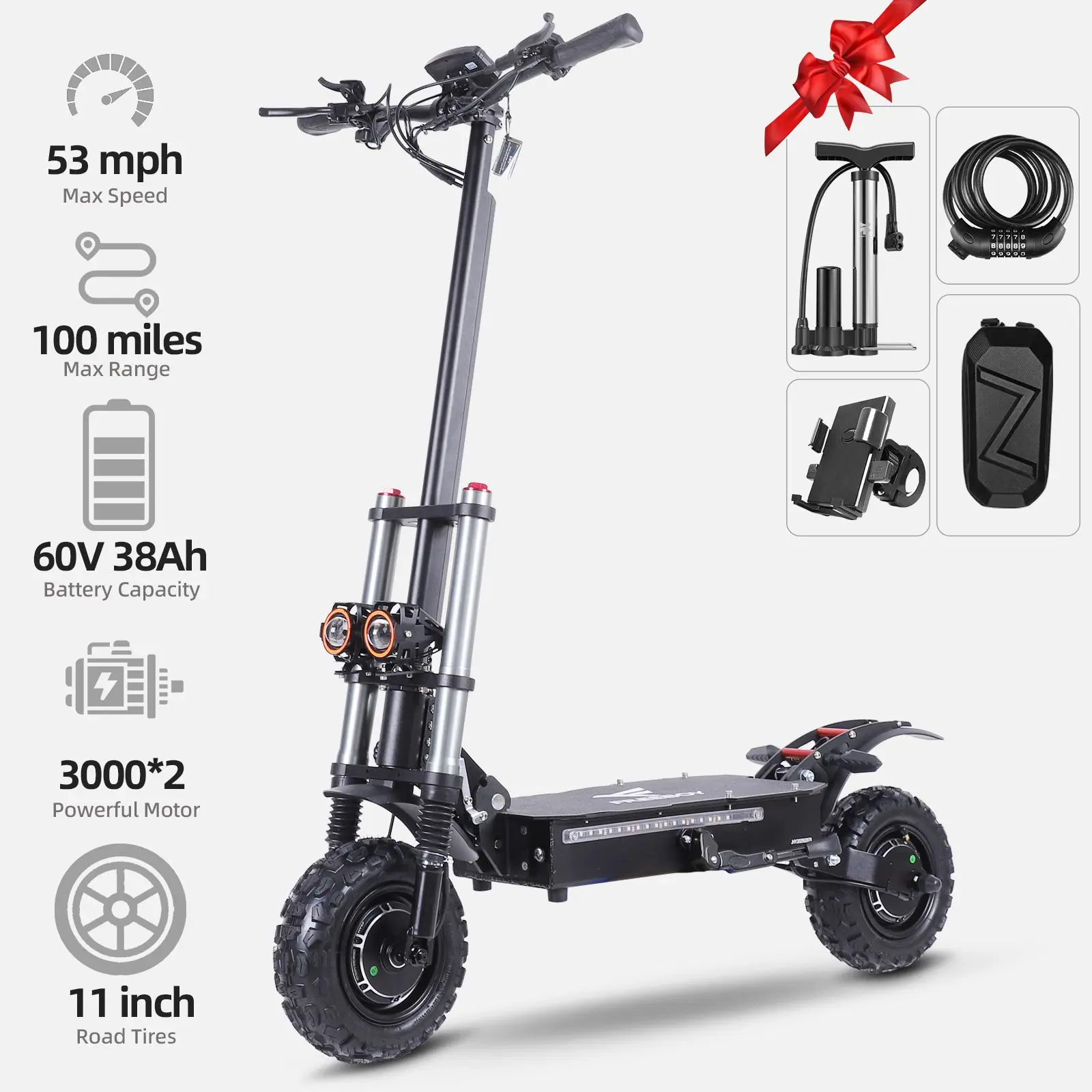 Off-Road Electric Scooter for Adults, Heavy-Duty Foldable Design with 6000W Dual Motors, 53 MPH, 100KM Range, 11" Tires, 60V 38Ah Battery, Dual Disc Brakes, IPX5 Waterproof, Includes Seat, 55Kg, J30max
