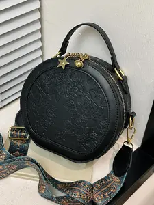 Women's Elegant Flower Pattern Crossbody Bag, Fashionable PU Leather Circle Bag for Daily Used, Casual Trendy Versatile High-quality Daily Commuting Bag