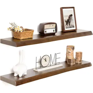 Live Edge Wood Floating Shelves for Wall 36" Natural Solid Wood Wall Mounted Shelf | 8 Inch Deep Wooden Floating Shelves with Invisible Bracket for Bathroom Kitchen Room | 2Pcs, Walnut