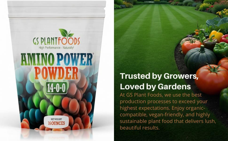 14-0-0 Amino Power Powder by GS Plant Foods | Plant-Based Organic Nitrogen Fertilizer with 18 Amino Acids for Faster Growth, Greener Leaves & Stronger Roots | Gardens, Turf & Hydroponics