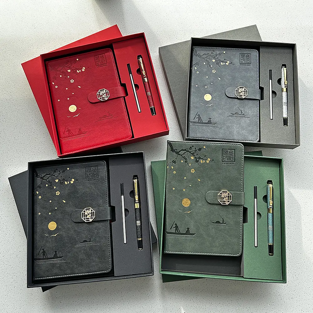 Chinsikol Gift Box Packaging Traditional Notebook Set, Office Stationery Supplies, Student Stationery, Student Essentials, Creative Office Notepad, Aesthetic Notebook, Plum Boat Embossed Pattern, Ideal for Notes, Meeting Records, Friend Gift