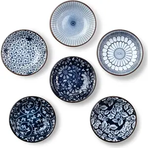 Dipping Bowls, Ceramic Soy Sauce Dish, 3 Oz Small Serving Bowls for Side Dishes, Vintage Blue Stylish Design, Set of 6 Mini Appetizer Plates for Condiment, Sushi, Ketchup, BBQ Party, 4 In