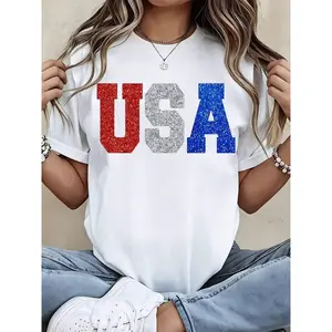Womens USA Glitter Graphic Tee Short Sleeve Crewneck Loose Fit Soft Cotton Casual Summer Top Patriotic Red White Blue Outfit for 4th of July
